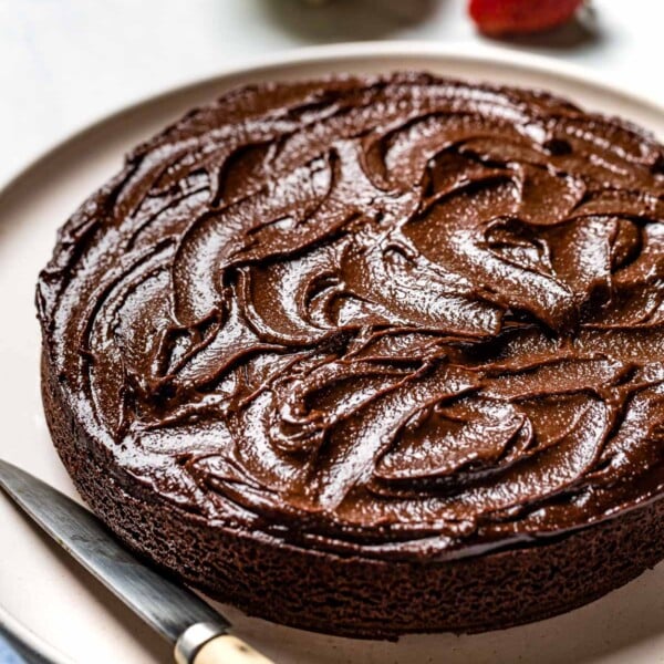 almond flour chocolate cake with a knife on the side