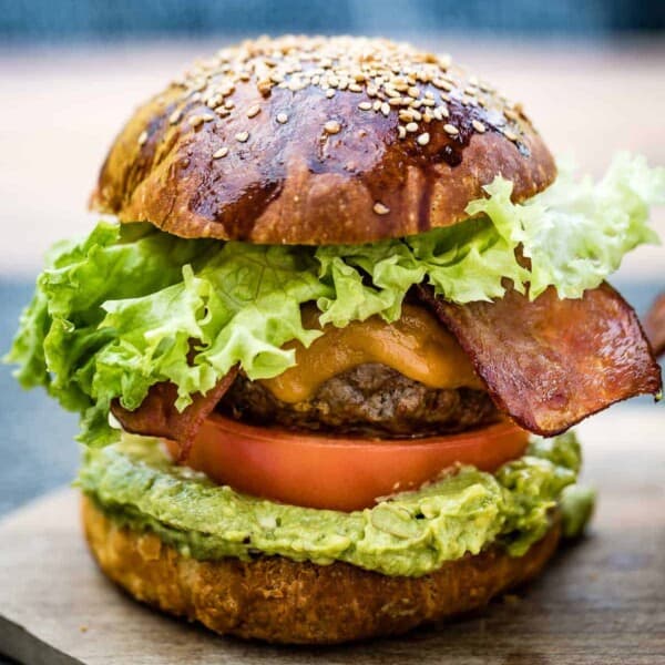 Avocado Bacon Burger from the front view.