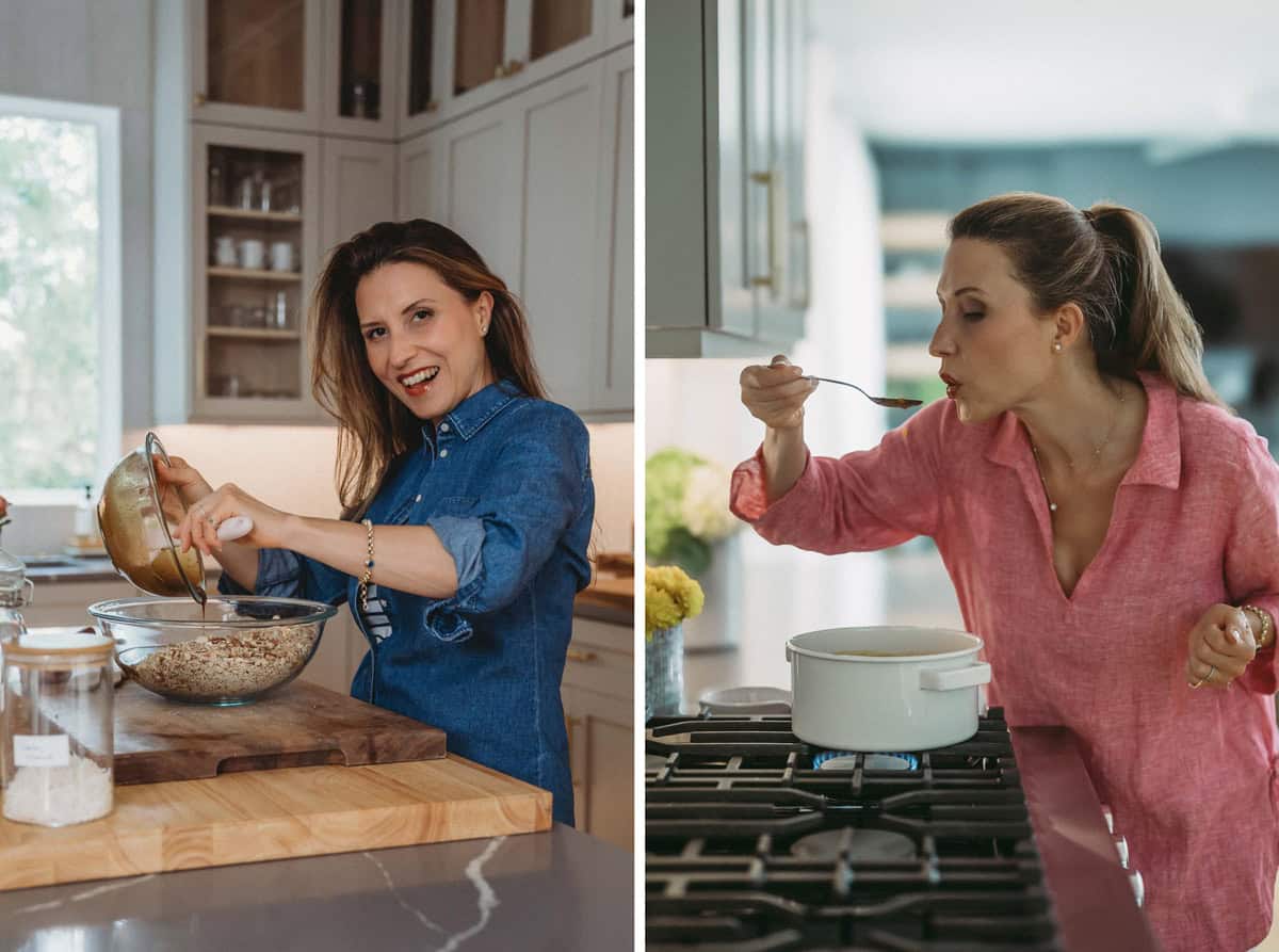 Aysegul Sanford cooking in the kitchen.