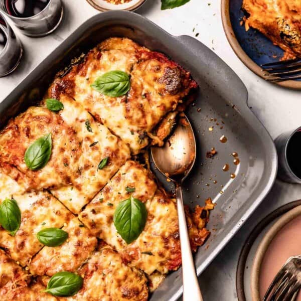 An Italian dish with eggplant and cheese in a casserole dish from the top view.