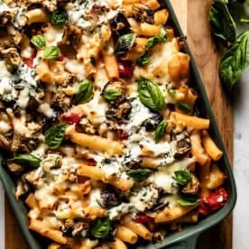 Baked ziti with roasted eggplant, a vegetarian-friendly date food option.