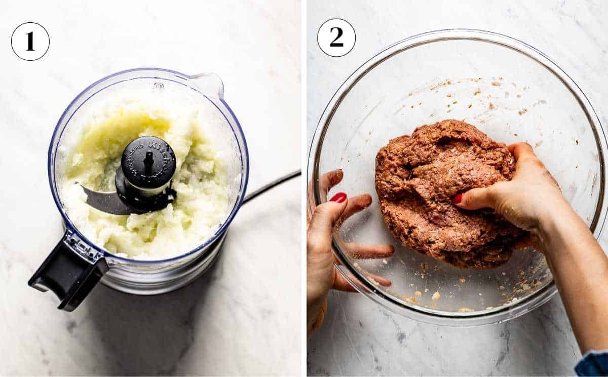 Steps showing pureing aromatics and making the meat mixture.