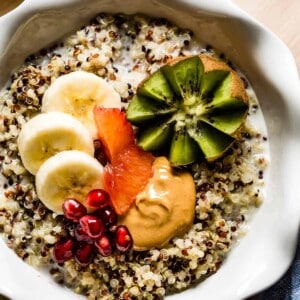 Breakfast bowl topped off with fruit.