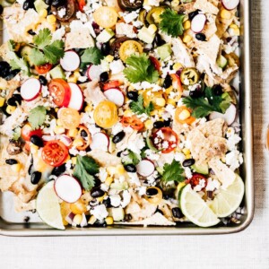 Sheet-Pan Chicken Nachos Recipe Photographed from the top view from a closer view.