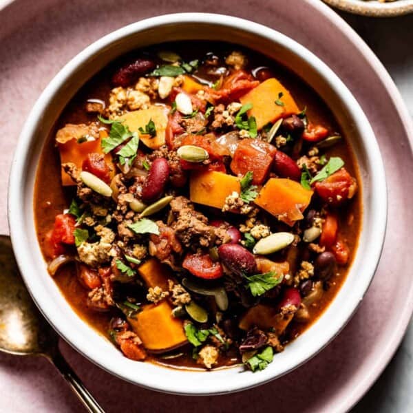 Chocolate Chili on a plate with a spoon on the side