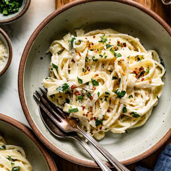 A bowl of pasta with Greek yogurt pasta sauce from the top view.