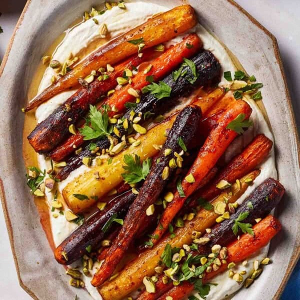Harissa roasted carrots on a bed of whipped feta.