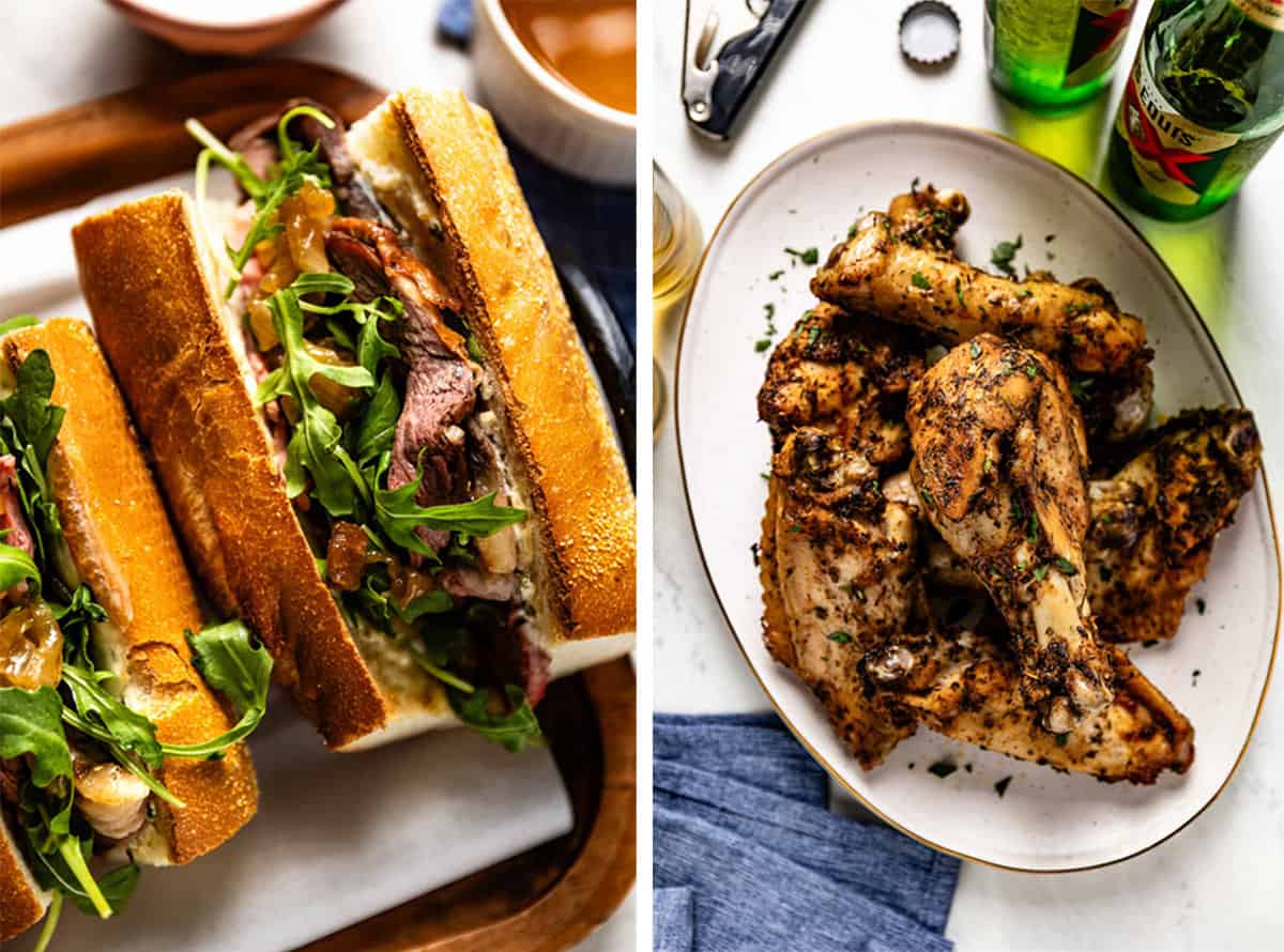 Two health super bowl recipes: Prime Rib Sandwich and Turkey wings side by side.