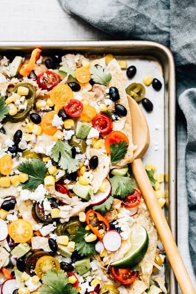 Sheet Pan Chicken Nachos from a round up of healthy super bowl snacks