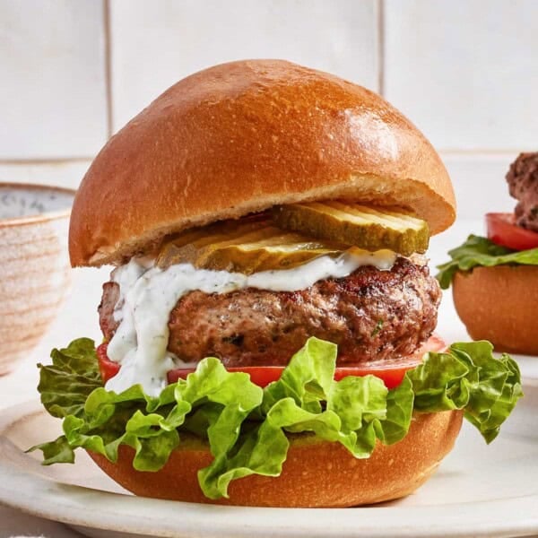 A lamb burger from the front view.