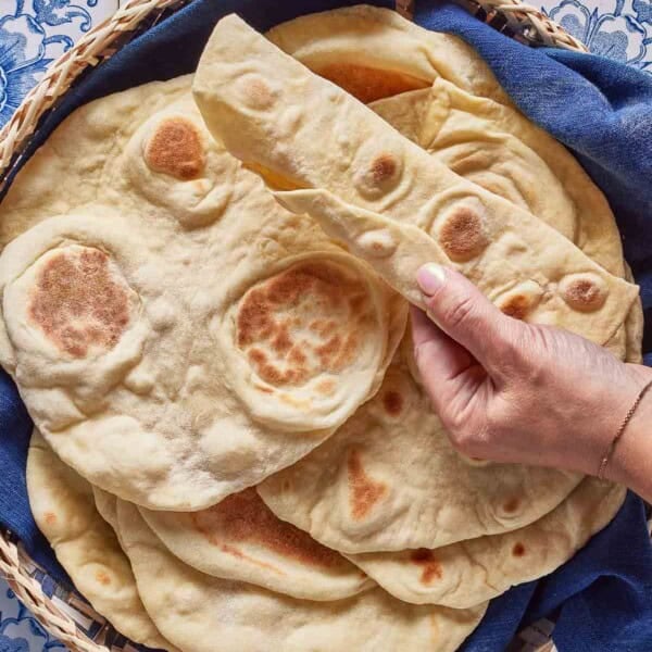 Lavash bread on a plate from the top view.