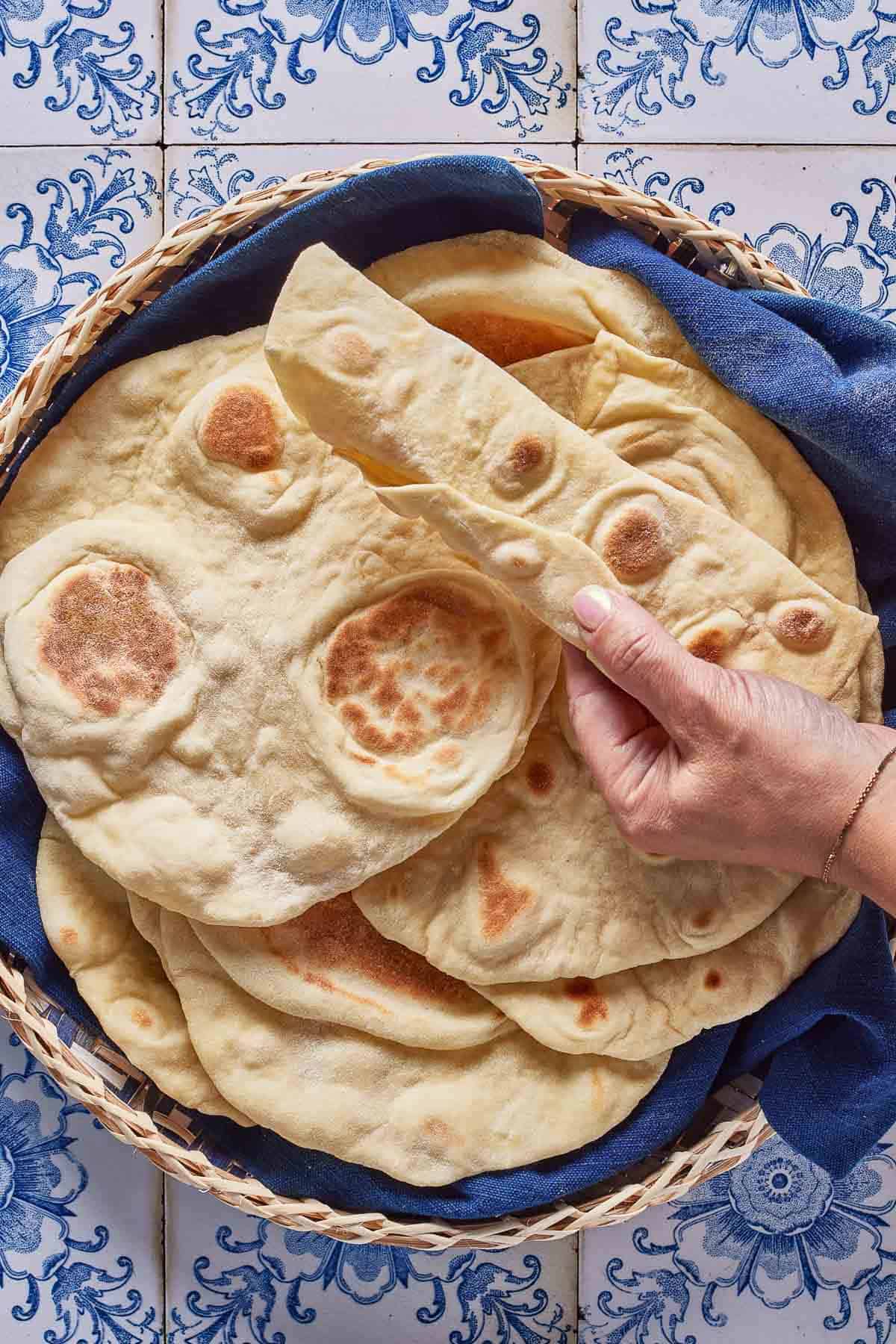 Lavash bread on a plate from the top view.