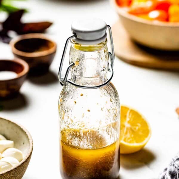 lemon balsamic vinaigrette in a bottle front view