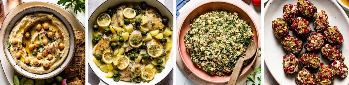 A collage of photos of date night food ideas with Mediterranean dishes.