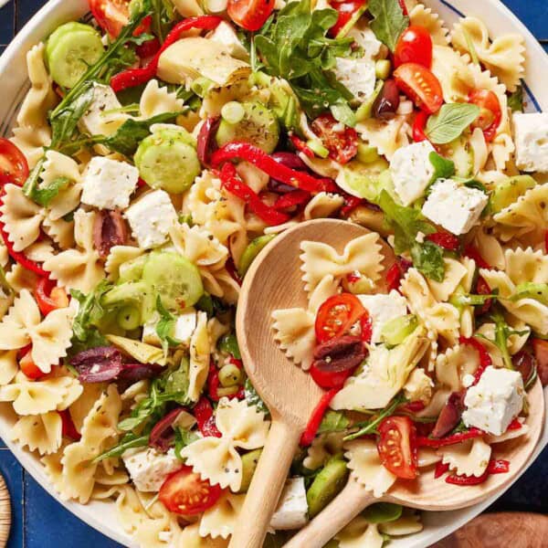 Mediterranean pasta salad in a bowl from the top view.