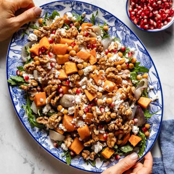 Mediterranean Sweet Potato Salad on an oval serving platter.