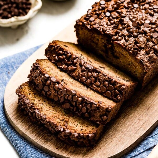 A sliced Paleo Zucchini Bread with almond flour no banana from the front view