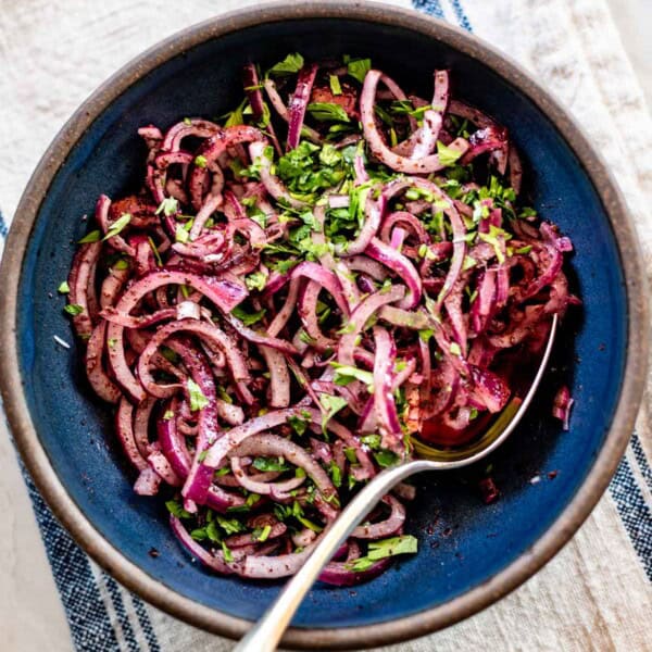 Sumac onions in a bowl from a top view.