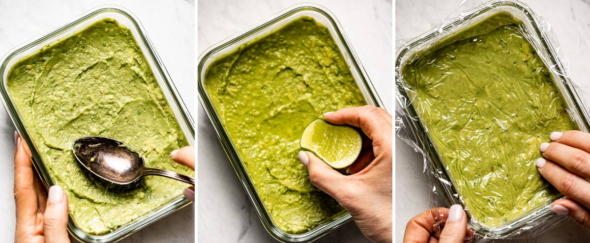 A collage of photos showing how to store guacamole