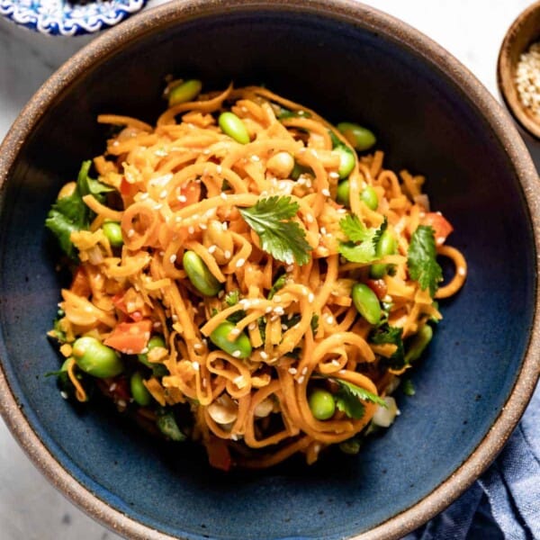 Sweet potato noodles in a bowl from the top view.