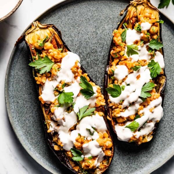 Vegetarian Stuffed Eggplant Halves on a plate
